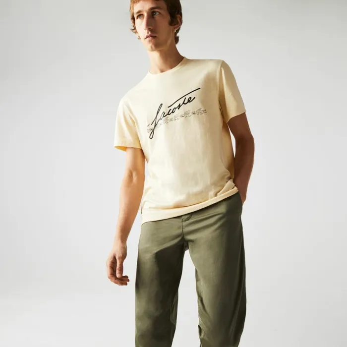 TShirts Men Lacoste Men039s Signature And Crocodile Print Crew Neck Cotton TShirt Yellow Hbz TShirts Men Lacoste Men039s Signature And Crocodile Print Crew Neck Cotton TShirt Yellow Hbz