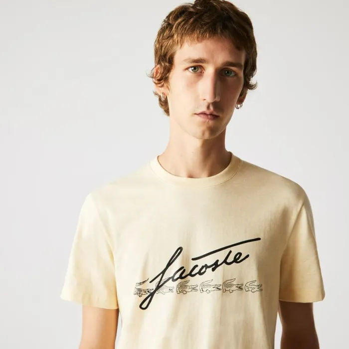 TShirts Men Lacoste Men039s Signature And Crocodile Print Crew Neck Cotton TShirt Yellow Hbz