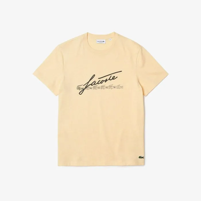 TShirts Men Lacoste Men039s Signature And Crocodile Print Crew Neck Cotton TShirt Yellow Hbz