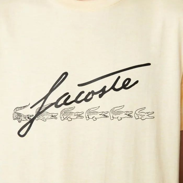 TShirts Men Lacoste Men039s Signature And Crocodile Print Crew Neck Cotton TShirt Yellow Hbz