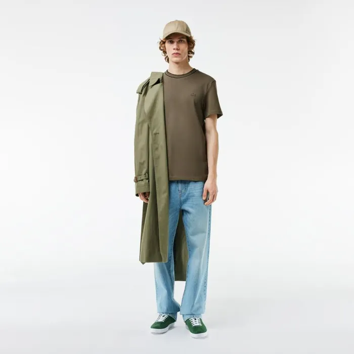 TShirts Men Lacoste Men039s Stretch Piqu Stripe Collar TShirt Khaki Green 316