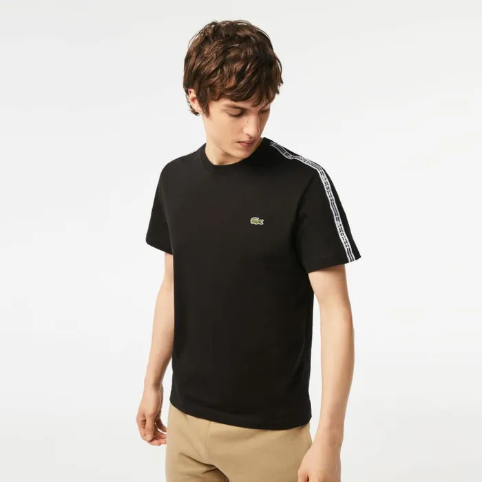 TShirts Men Lacoste Mens Regular Fit Logo Stripe TShirt Black 031