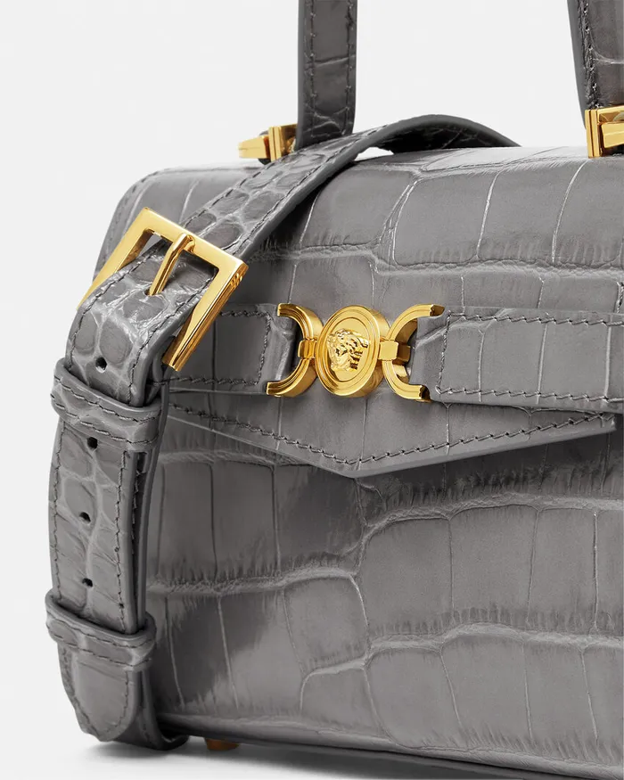 Top Handle Women Versace CrocEffect Medusa 03995 Small Handbag Gray