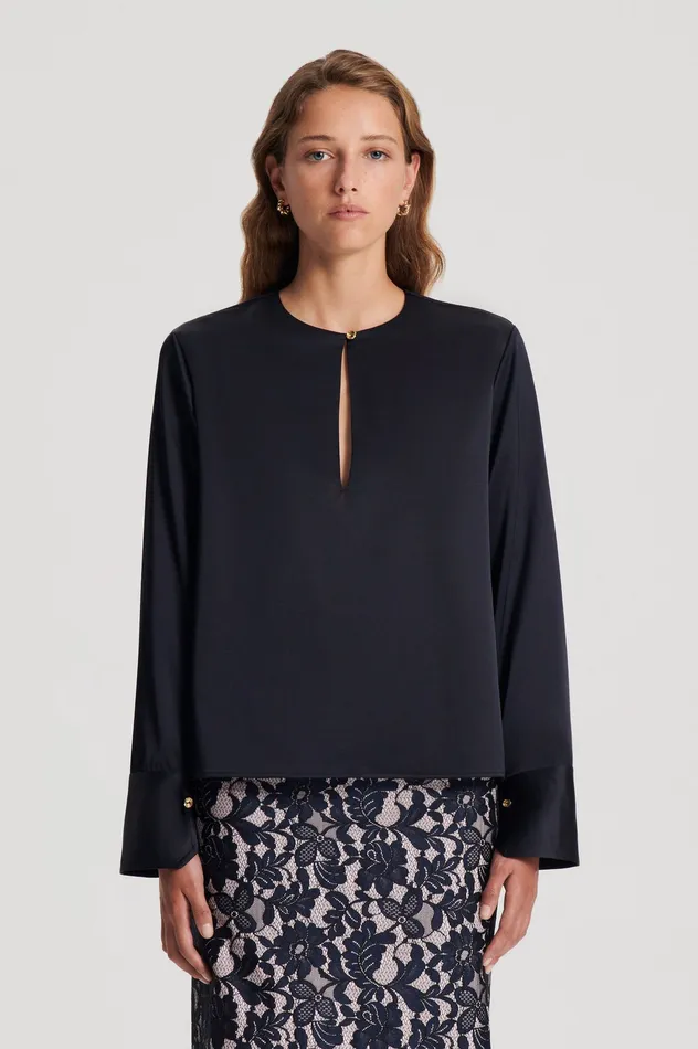 Tops Scanlan Theodore Women SILK SATIN TOP NAVY Tops Scanlan Theodore Women SILK SATIN TOP NAVY