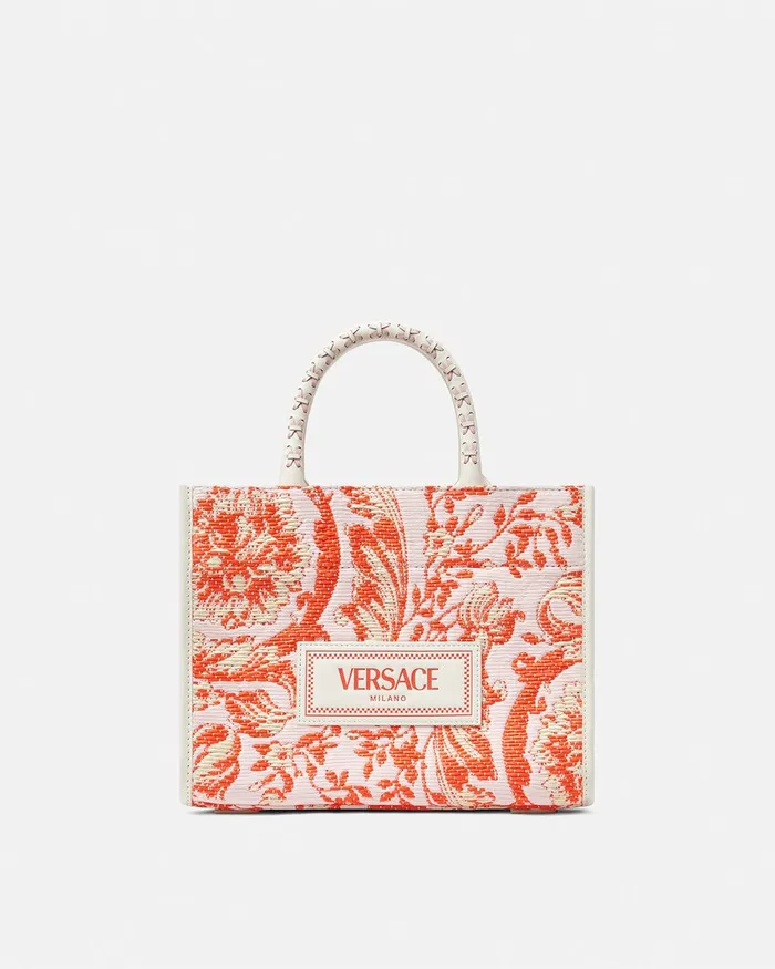 Totes Women Versace Barocco Athena Raffia Small Tote Bag Coral