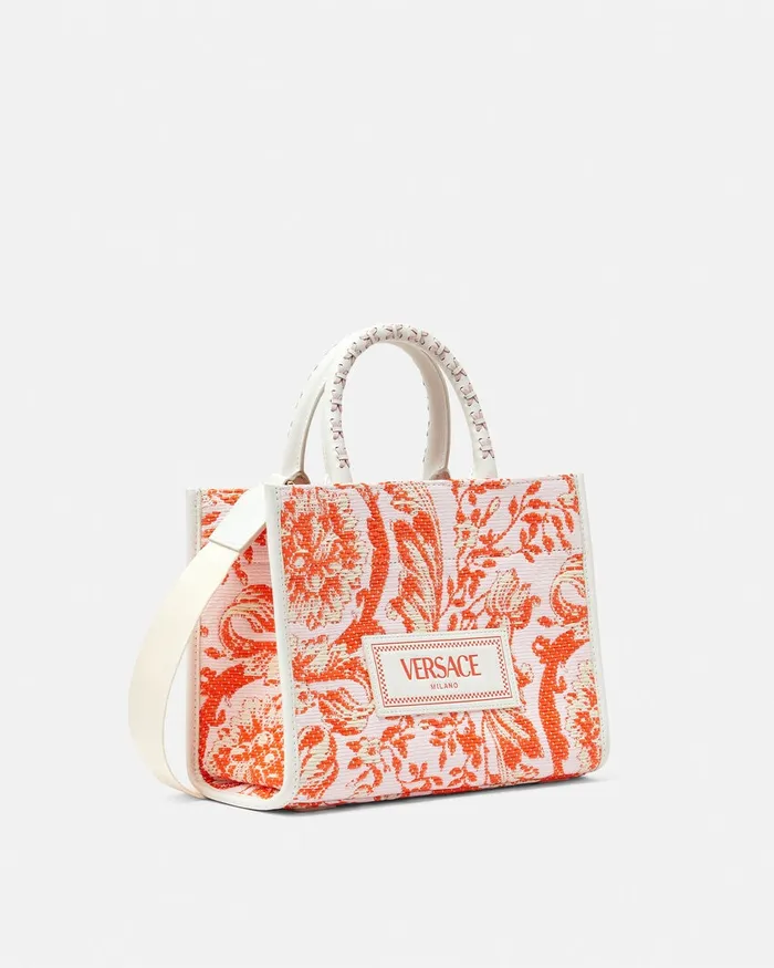 Totes Women Versace Barocco Athena Raffia Small Tote Bag Coral