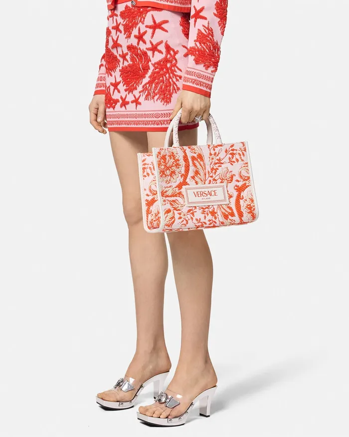 Totes Women Versace Barocco Athena Raffia Small Tote Bag Coral