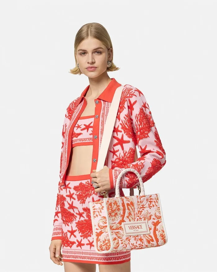 Totes Women Versace Barocco Athena Raffia Small Tote Bag Coral