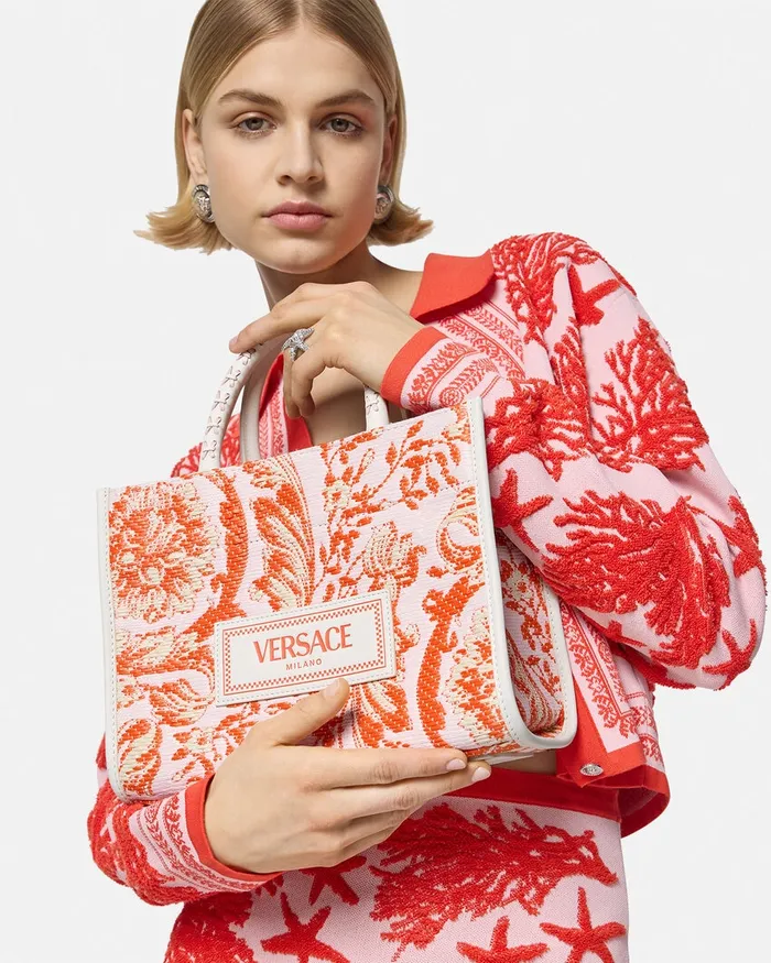 Totes Women Versace Barocco Athena Raffia Small Tote Bag Coral