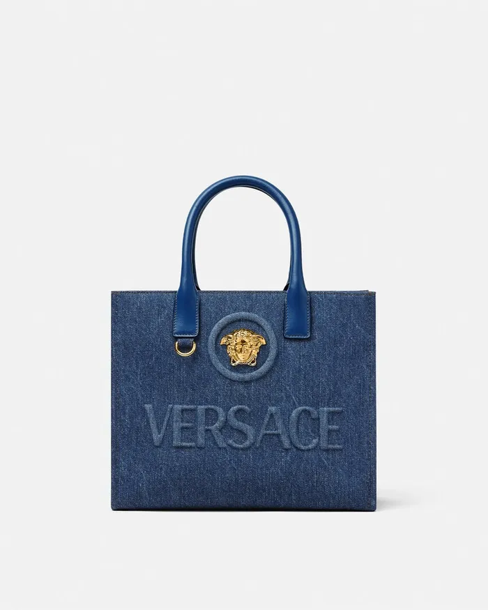 Totes Women Versace La Medusa Denim Small Tote Bag Blue