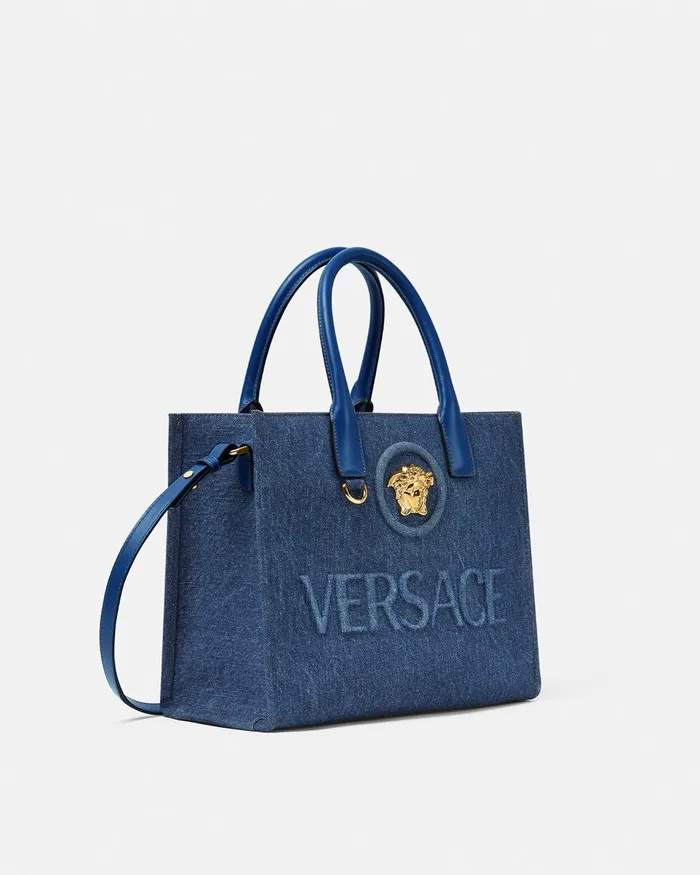 Totes Women Versace La Medusa Denim Small Tote Bag Blue