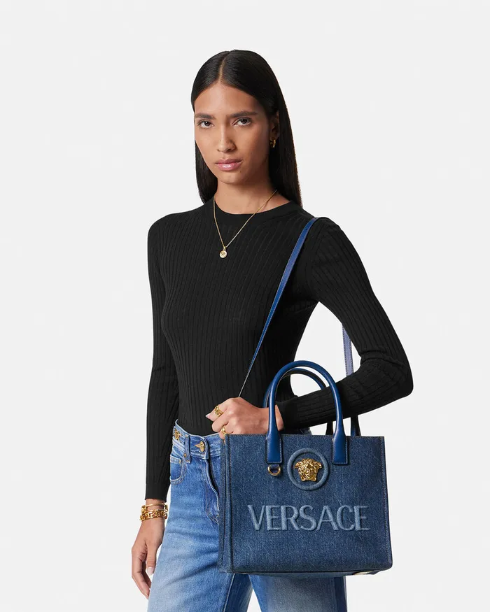 Totes Women Versace La Medusa Denim Small Tote Bag Blue