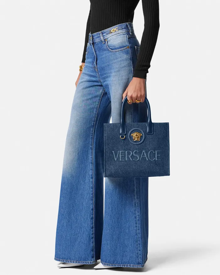 Totes Women Versace La Medusa Denim Small Tote Bag Blue