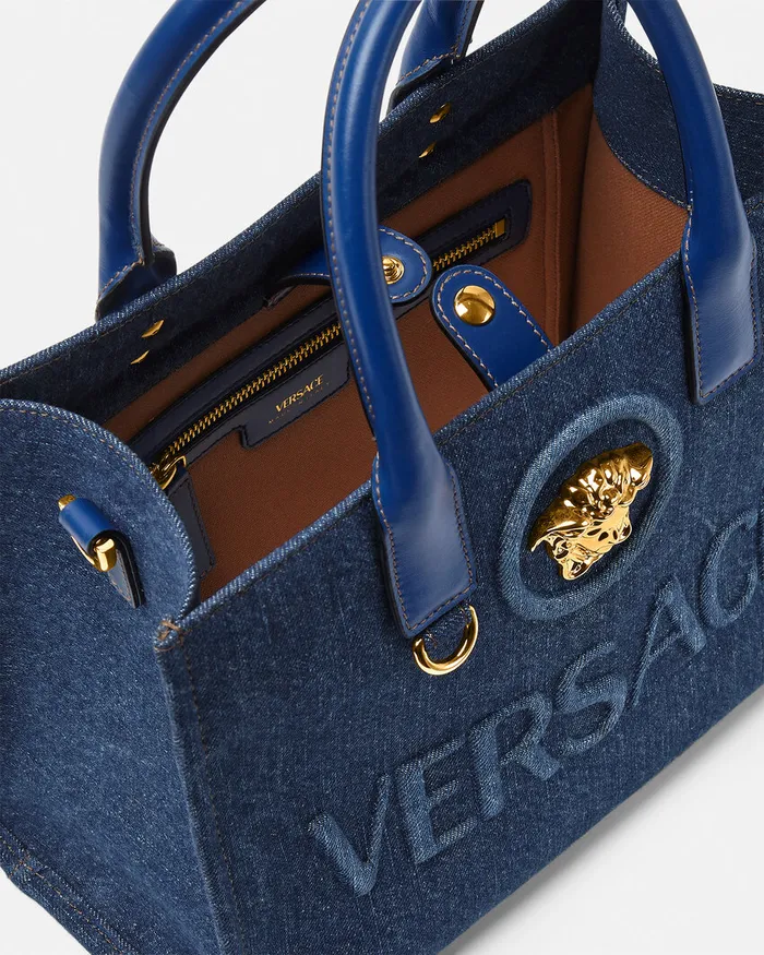Totes Women Versace La Medusa Denim Small Tote Bag Blue