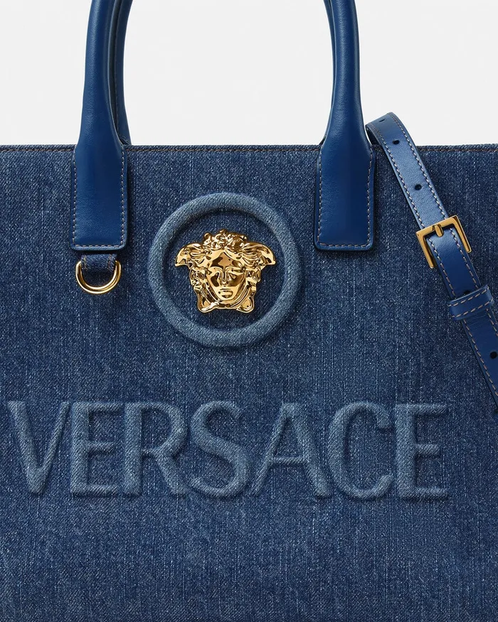 Totes Women Versace La Medusa Denim Small Tote Bag Blue