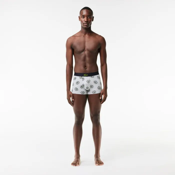 Underwear and Socks Men Lacoste Men039s Stretch Jersey Print Trunks Grey Chine White W9d