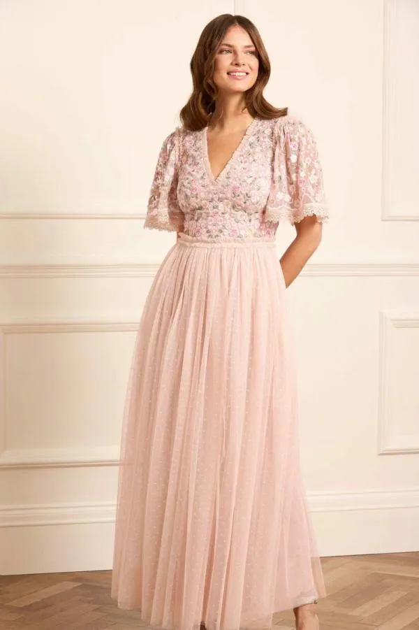 WeddingWomen Needle and Thread Rosie Lace Bodice Short Sleeve VNeck Ankle Gown Pink