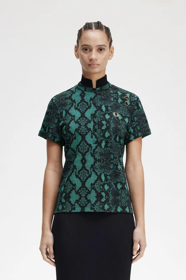 Women Amy Winehouse FoundationSnake Print Polo Shirt Deep Mint Fred Perry Polo Shirts