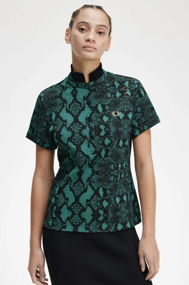 Women Amy Winehouse FoundationSnake Print Polo Shirt Deep Mint Fred Perry Polo Shirts