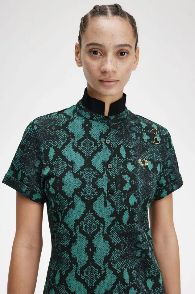 Women Amy Winehouse FoundationSnake Print Polo Shirt Deep Mint Fred Perry Polo Shirts