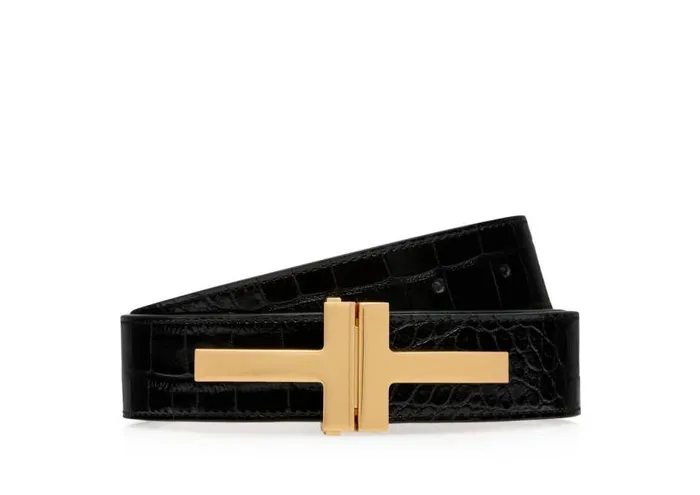 Women Belts Tom Ford Shiny Stamped Crocodile Leather Double T Belt Black