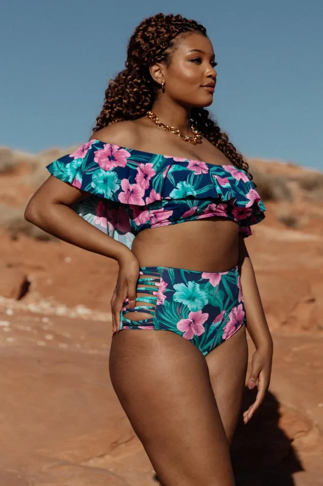 Women Bikini Baltic Born Keke Off Shoulder Bikini Top Navy Tropical Floral