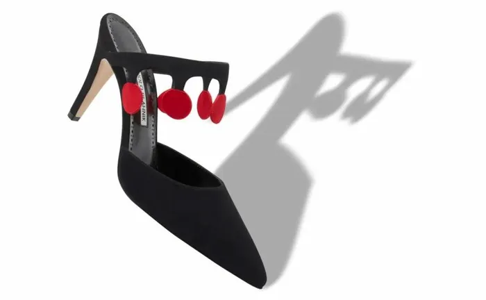 Women Black And Red Suede Pom Pom Detail Mules Manolo Blahnik Mules