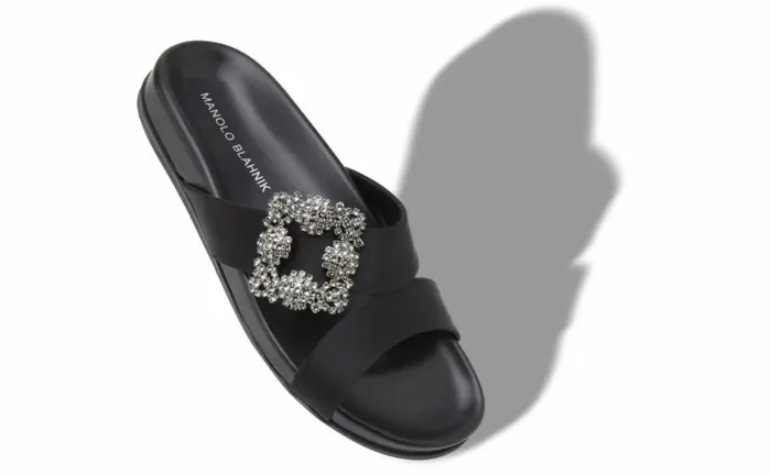 Women Black Satin Jewel Buckle Flat Mules Manolo Blahnik Flats