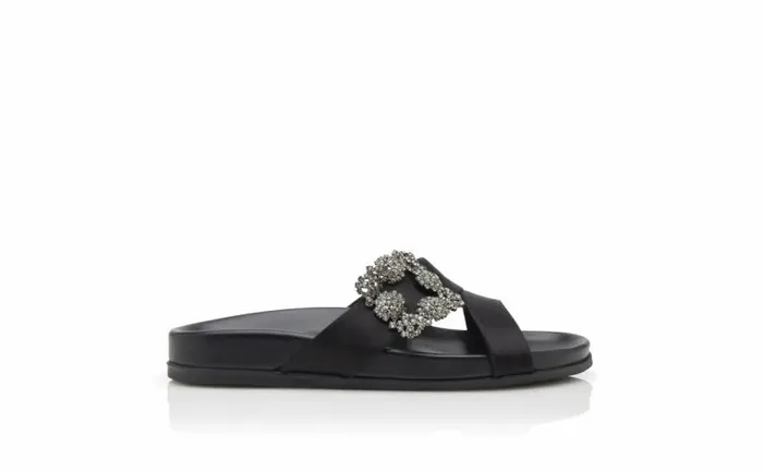 Women Black Satin Jewel Buckle Flat Mules Manolo Blahnik Flats