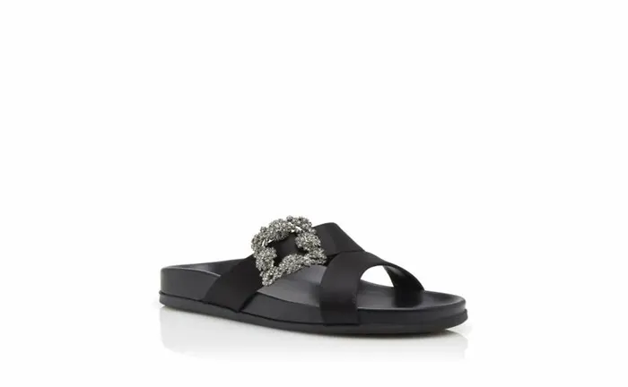 Women Black Satin Jewel Buckle Flat Mules Manolo Blahnik Flats