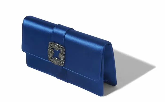 Women Blue Satin Jewel Buckle Clutch Manolo Blahnik Bags
