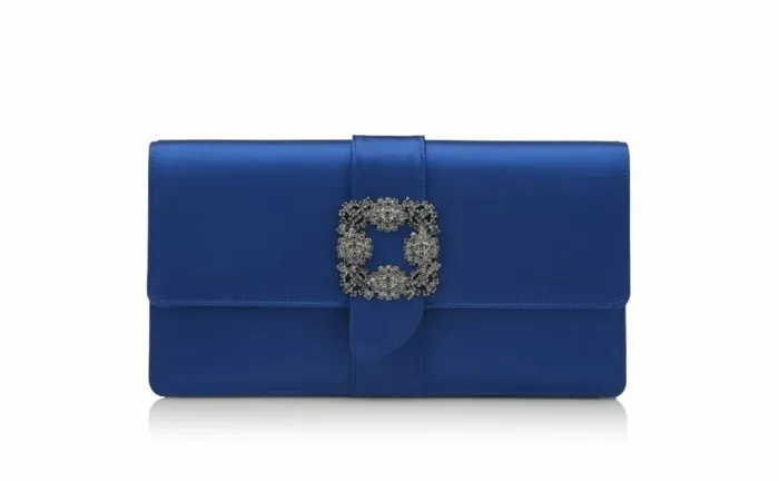 Women Blue Satin Jewel Buckle Clutch Manolo Blahnik Bags