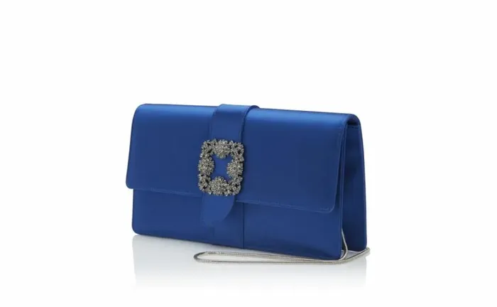 Women Blue Satin Jewel Buckle Clutch Manolo Blahnik Bags
