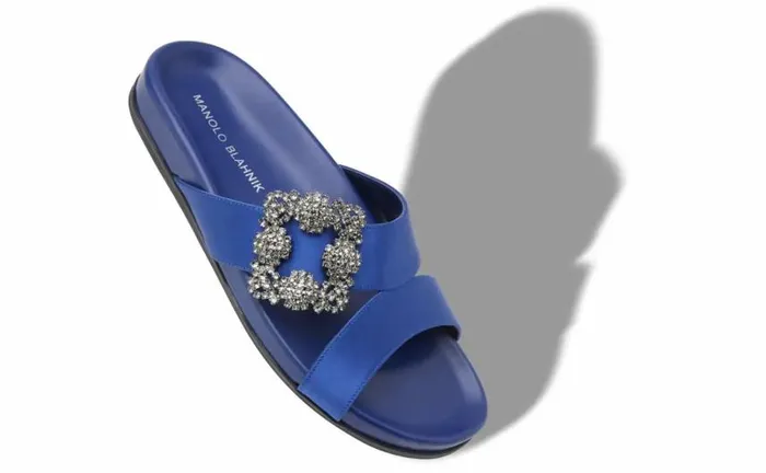 Women Blue Satin Jewel Buckle Flat Mules Manolo Blahnik Flats