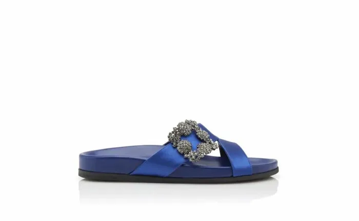 Women Blue Satin Jewel Buckle Flat Mules Manolo Blahnik Flats