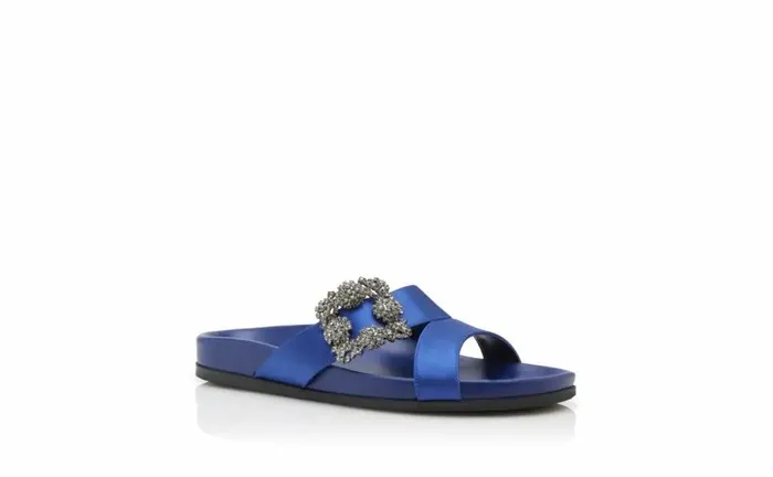 Women Blue Satin Jewel Buckle Flat Mules Manolo Blahnik Flats