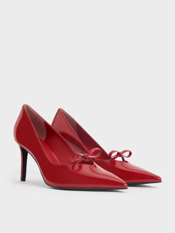 Women Bow PointedToe StilettoHeel Pumps 8211 Red CHARLES and KEITH Heels