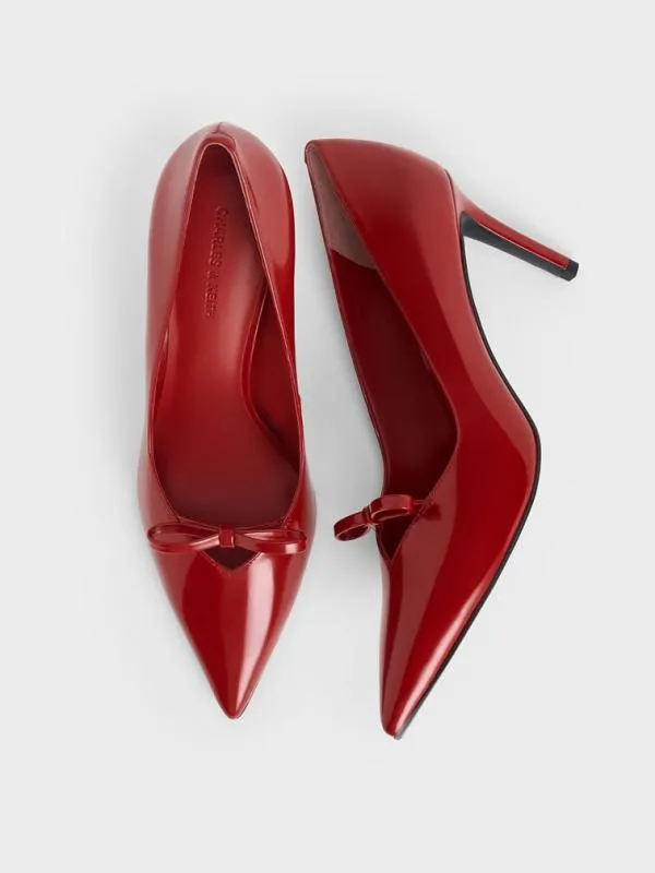 Women Bow PointedToe StilettoHeel Pumps 8211 Red CHARLES and KEITH Heels