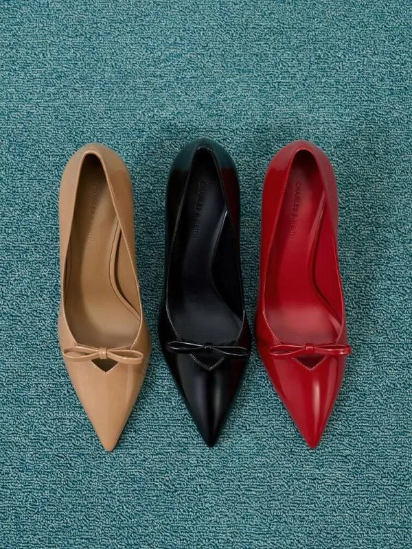 Women Bow PointedToe StilettoHeel Pumps 8211 Red CHARLES and KEITH Heels