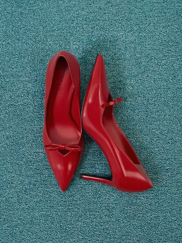 Women Bow PointedToe StilettoHeel Pumps 8211 Red CHARLES and KEITH Heels