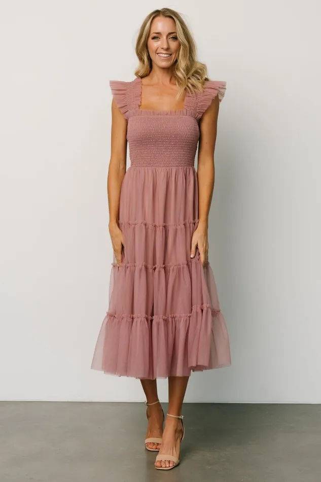 Women Bump Friendly Baltic Born Emma Smocked Tulle Dress Dusty Rose