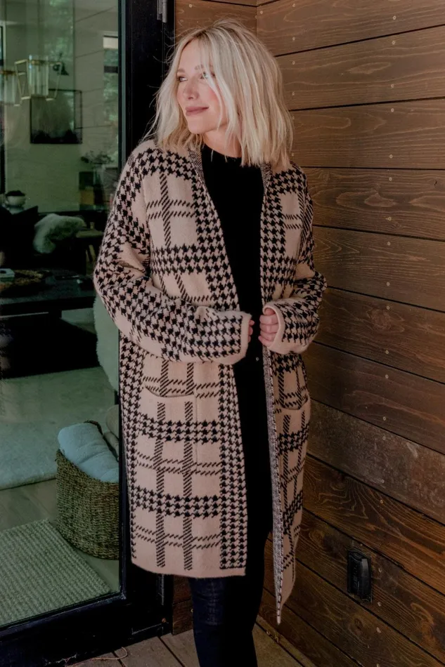 Women Cardigans Baltic Born Arvo Houndstooth Long Cardigan Taupe Black