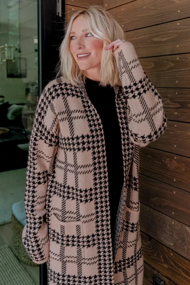 Women Cardigans Baltic Born Arvo Houndstooth Long Cardigan Taupe Black