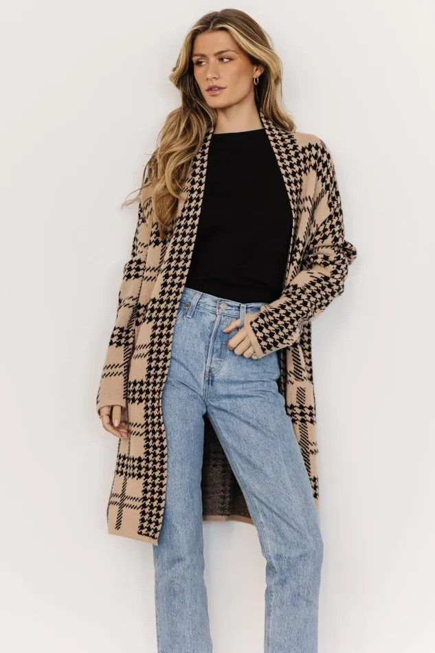 Women Cardigans Baltic Born Arvo Houndstooth Long Cardigan Taupe Black