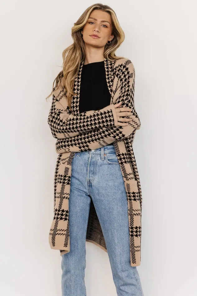 Women Cardigans Baltic Born Arvo Houndstooth Long Cardigan Taupe Black