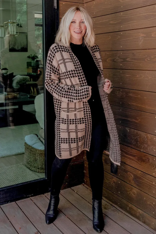 Women Cardigans Baltic Born Arvo Houndstooth Long Cardigan Taupe Black