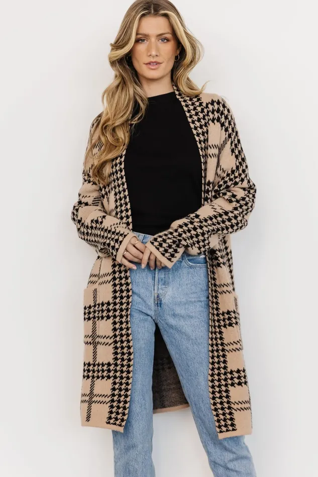 Women Cardigans Baltic Born Arvo Houndstooth Long Cardigan Taupe Black
