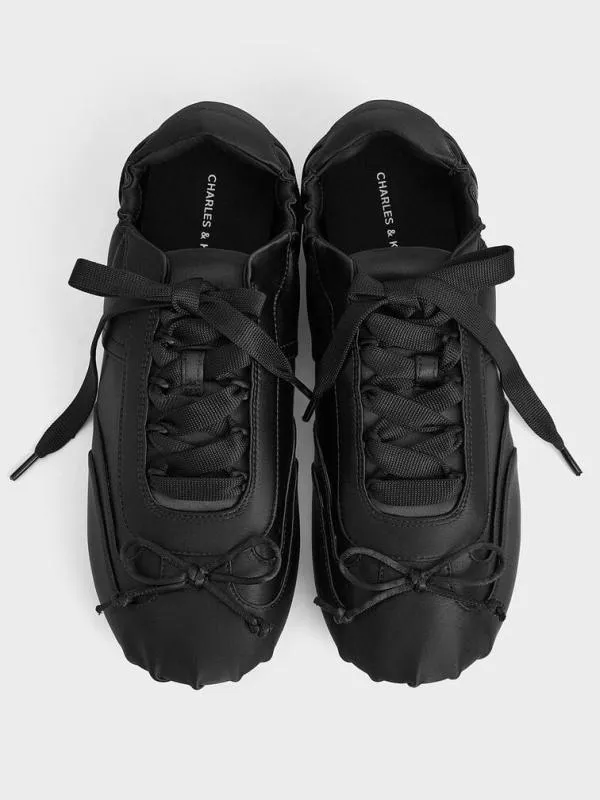 Women Cece Satin Ruched Bow Sneakers 8211 Black Textured CHARLES and KEITH Sneakers