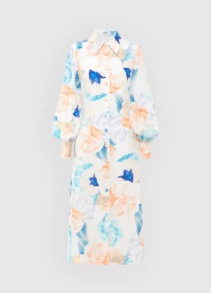 Women Cecilia Linen Midi Dress 8211 Rosebud Print in Cream Dresses and Jumpsuits LEO LIN
