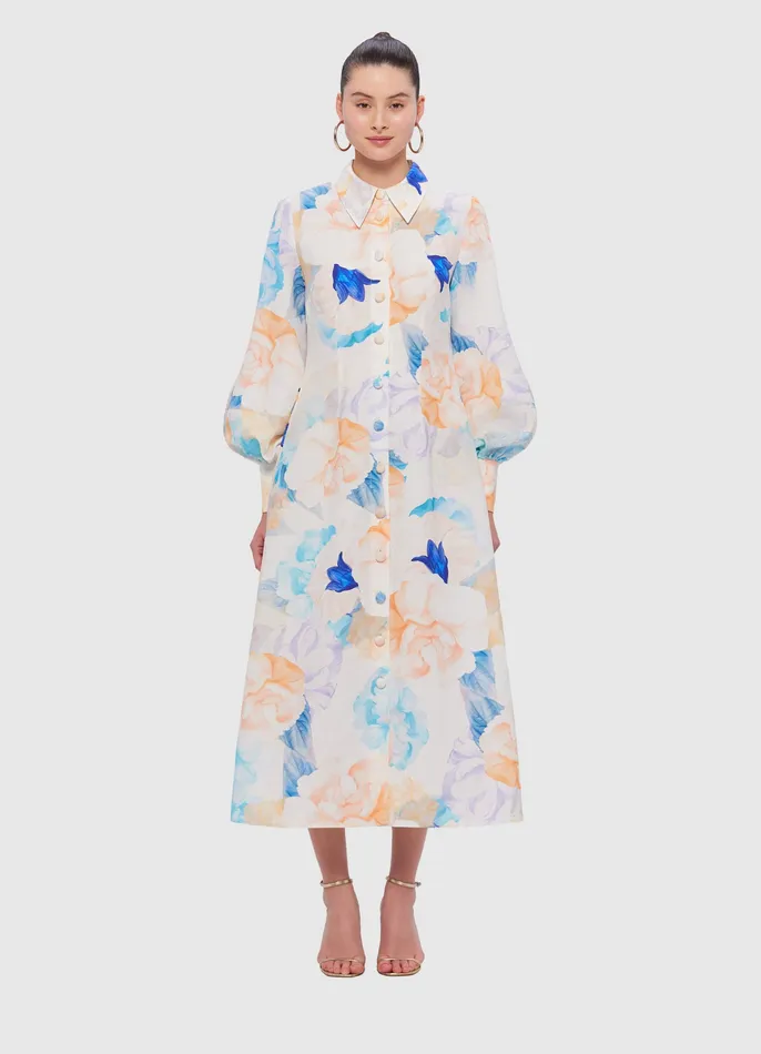 Women Cecilia Linen Midi Dress 8211 Rosebud Print in Cream Dresses and Jumpsuits LEO LIN